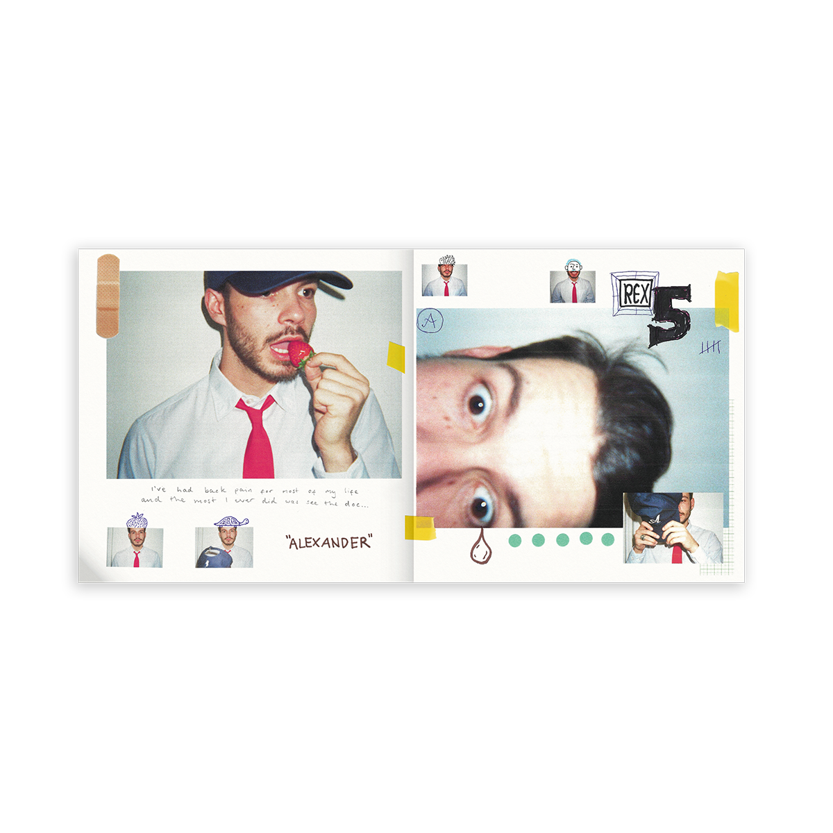 A square collage-style print or album cover layout featuring multiple small portrait photos of Rex Orange County, handwritten notes, stickers, and the name 'ALEXANDER' on a white background.