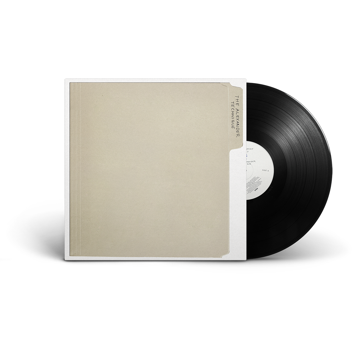 A vinyl record partially pulled from its sleeve. The sleeve is a warm beige color with a white border, and the record itself is black with a white center label.