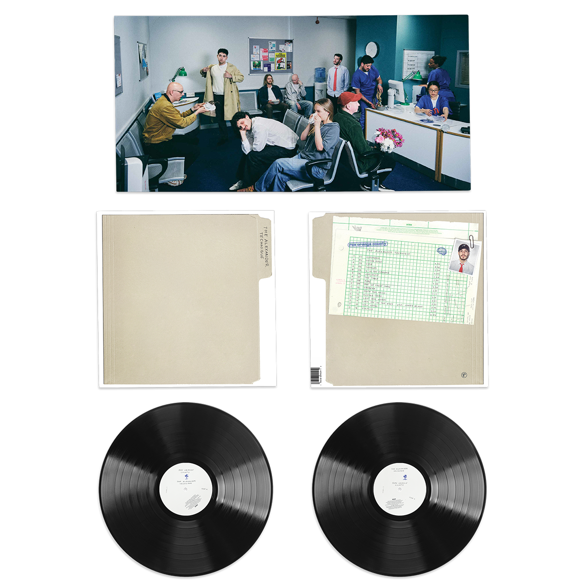 A vinyl record package shown on a white background, featuring a printed cover photo of a group of people in an office at the top, a beige folder or sleeve in the middle, and two black vinyl records below. The records have white labels with small blue and red text.