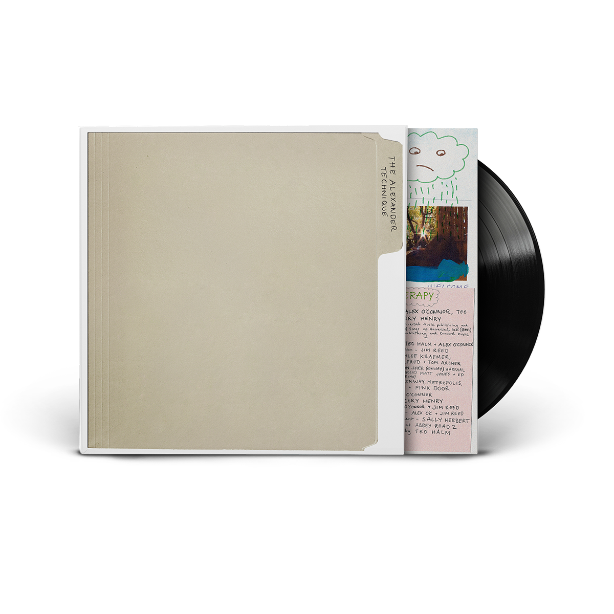 A vinyl record partially pulled from its sleeve, showing a beige cover insert and printed tracklist card.