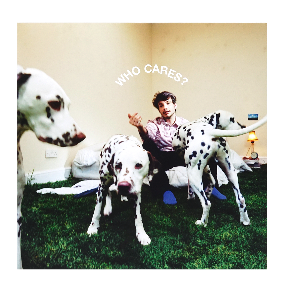 Rex Orange County sitting on the floor in a room with three Dalmatian dogs, with the text 'WHO CARES?' written above him.